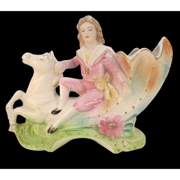 Victorian Boy on Horse Shell Bisque Planter by Wales Chinaware made in Japan - Picture 1 of 14